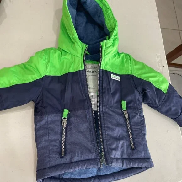 CARTERS HOODED PUFFER JACKET SZ 12 MONTHS BABY GREEN/NAVY BLUE COZY WINTER CORE - Picture 8 of 12